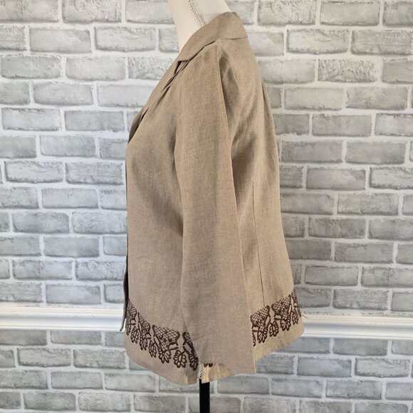 TWEEDS Linen Embroidered 3/4 Sleeve Button Up Blouse Top Brown Cottage Medium - Picture 3 of 7